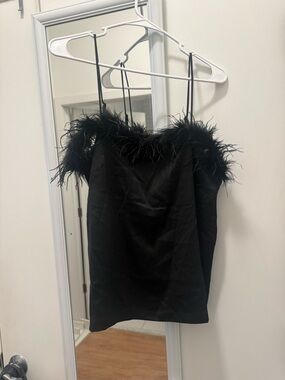 Lulu's Black Feather-Trim Spaghetti Strap Camisole